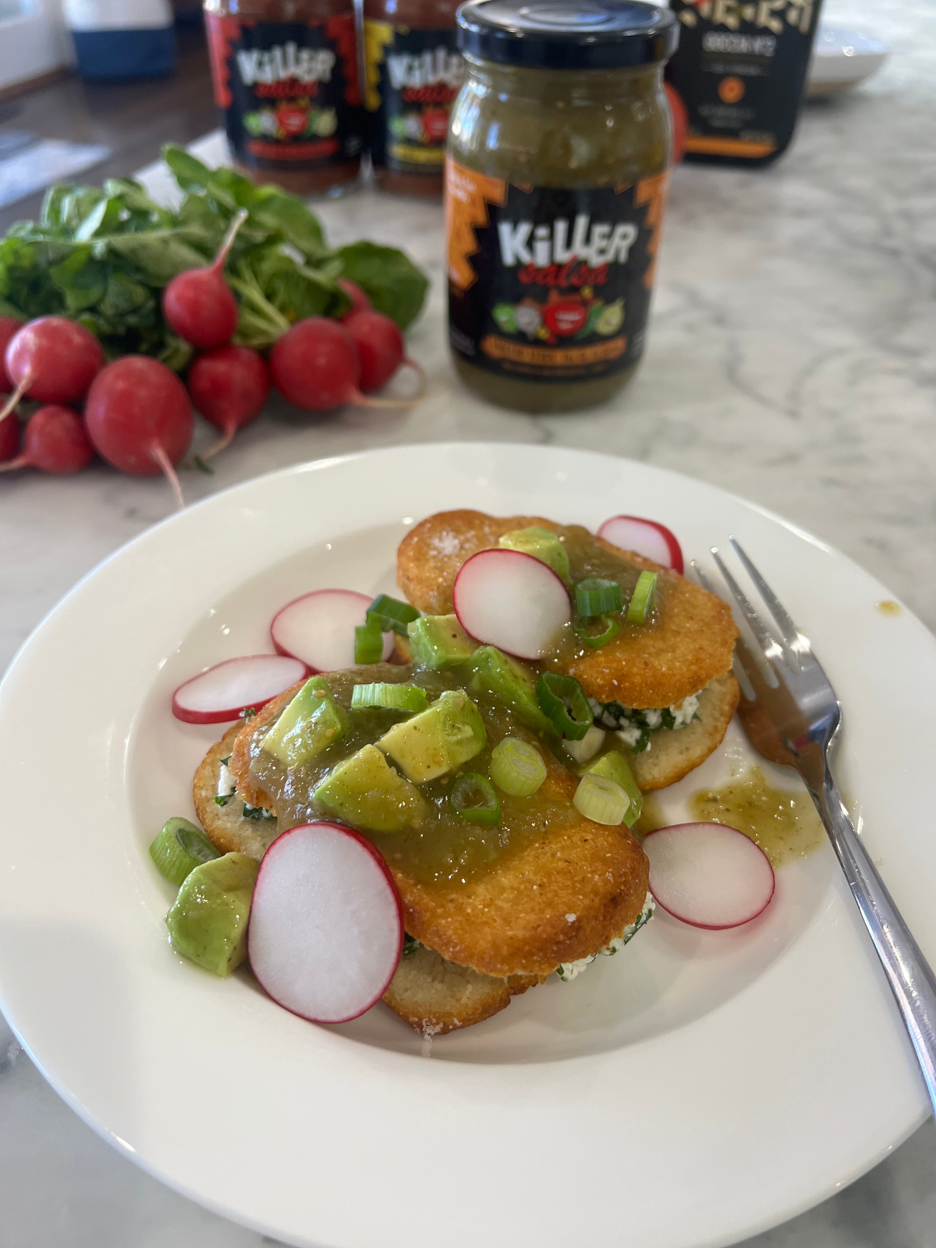 Fried Masa Cakes with Goat Cheese Filling and Avocado Tomatillo Salsa